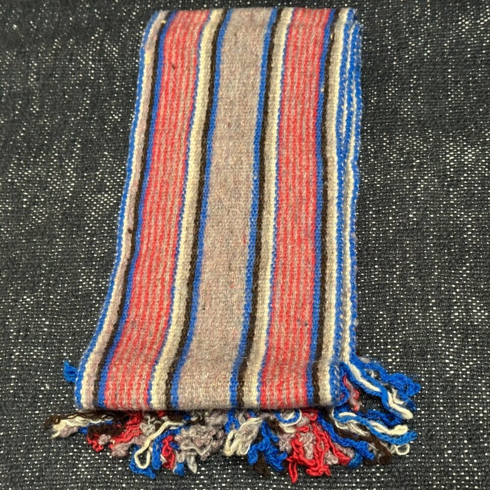 Ecuadorian 100% Wool Fringed Striped Scarf, Multi-Color Stripes: Red Blue Grey